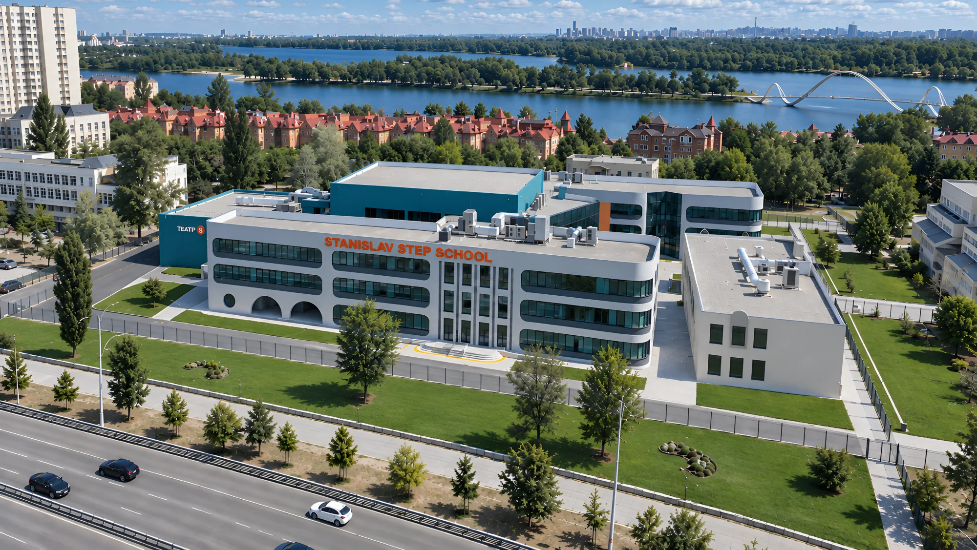 Stanislav Step School з висоти: головний корпус із вивіскою, театральний блок і територія школи біля Дніпра